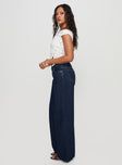 side view of model wearing Princess Polly Darla Low Rise Straight Jean Dark Wash Mid Rise 