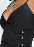 Front view of model wearing  front Princess Polly Full Sleeves Asymmetric Neckline  Back 2k Top Black