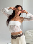 Front view of model wearing  front Princess Polly Full Sleeves Square Neck  Alyda Long Sleeve Lace Top White