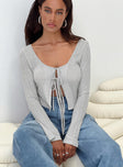 Front view of model wearing  front Princess Polly Full Sleeves Scoop Neck  Barbaro Long Sleeve Top Grey