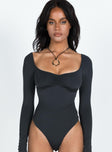 front view of model wearing Princess Polly Calissa Long Sleeve Bodysuit Black Full Sleeves V-Neck 