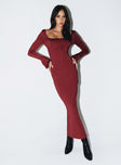 Front view of model wearing  front Princess Polly Crew Neck  Belfa Long Sleeve Maxi Dress Burgundy