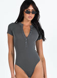 side view of model wearing Princess Polly Kandis Bodysuit Grey Short Sleeves High Neck 