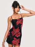 front view of model wearing Princess Polly Kellers Mini Dress Black / Floral Square Neck 