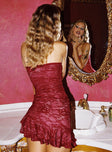 back view of model wearing Princess Polly Hailees Lace Strapless Mini Dress Red Sweetheart Neckline 