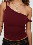 back view of model wearing Princess Polly Messenger One Shoulder Top Burgundy Sleeveless Asymmetric Neckline 