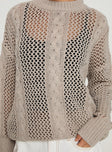 Sweater High neckline, knit material, drop shoulder, ribbed trim Slight stretch, unlined, sheer