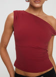 back view of model wearing Princess Polly Danza Top Red Sleeveless Asymmetric Neckline 