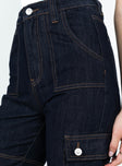 Front view of model wearing  front Princess Polly High Waisted  Whitaker Cargo Jeans Dark Denim