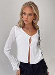 Front view of model wearing  front Princess Polly Full Sleeves Scoop Neck  Carmaine Long Sleeve Top White