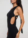 side view of model wearing Princess Polly Trail Blazer Asymmetrical Maxi Dress Black Asymmetric Neckline 