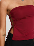 back view of model wearing Princess Polly Round The World Strapless Top Burgundy Sleeveless straight 