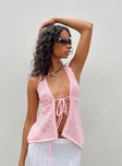 Front view of model wearing  front Princess Polly Sleeveless Square Neck  Adani Crochet Top Pink