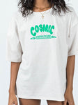 Front view of model wearing  front Princess Polly Half Sleeves Crew Neck  Cosmic Puff Tee Grey / Green