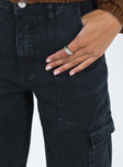 Front view of model wearing  front Princess Polly High Waisted  Nosita Cargo Jeans Black