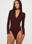 front view of model wearing Princess Polly Kandis Long Sleeve Bodysuit Burgundy Full Sleeves V-Neck 