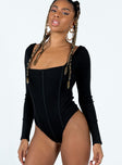 front view of model wearing Princess Polly Hassie Long Sleeve Bodysuit Black Full Sleeves Square Neck 