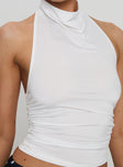 back view of model wearing Princess Polly Giggle Top White Sleeveless Cowl 