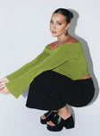 Front view of model wearing  front Princess Polly Full Sleeves Asymmetric Neckline  Saro Off The Shoulder Top Green