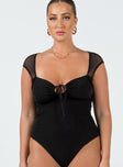 front view of model wearing Princess Polly Clarendon Bodysuit Black Short Sleeves Sweetheart 