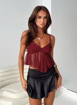 front view of model wearing Princess Polly Corella Top Burgundy Sleeveless Sweetheart 