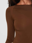 side view of model wearing Princess Polly Gatewood Long Sleeve Bodysuit Brown Full Sleeves Boat Neck 