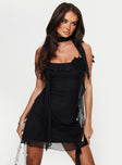 front view of model wearing Princess Polly Infatuation Ruffle Mini Dress Black Square Neck 