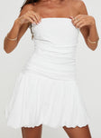 front view of model wearing Princess Polly Glamour Girl Strapless Bubble Hem Mini Dress White Petite Straight Neck 