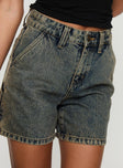 back view of model wearing Princess Polly Lou Carpenter Denim Shorts Antique Wash High Waisted Shorts 