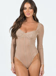 front view of model wearing Princess Polly Leonie Bodysuit Beige Full Sleeves Sweetheart 