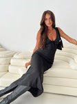 Front view of model wearing  front Princess Polly High Neck  Bareena Bias Cut Maxi Dress Black