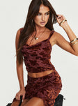 Front view of model wearing  front Princess Polly Sleeveless Cowl  Devore Cami Burgundy