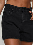 back view of model wearing Princess Polly Saldana Shorts Washed Black Denim High Waisted Shorts 