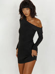 side view of model wearing Princess Polly Holveck Off The Shoulder Mini Dress Black Asymmetric Neckline 