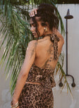 back view of model wearing Princess Polly Eleganza Top Leopard Petite Sleeveless Cowl 