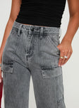 back view of model wearing Princess Polly Chad Cargo Jeans Grey Wash Denim Mid Rise 