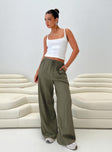 Front view of model wearing  front Princess Polly High Waisted Pants  Ogilvie Linen Blend Pants Olive