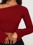 side view of model wearing Princess Polly Santorini Knit Top Red Full Sleeves Asymmetric Neckline 