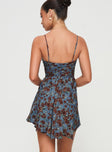 back view of model wearing Princess Polly Barrett Mini Dress Blue / Floral Square Neck 