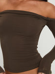 back view of model wearing Princess Polly Dusky Long Sleeve Top Khaki Full Sleeves straight 