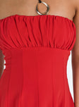 Front view of model wearing  front Princess Polly Asymmetric Neckline  Largo Strapless Mini Dress Red