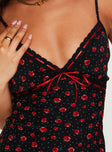 back view of model wearing Princess Polly Karena Mini Dress Black / Red Floral Plunger 