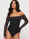 Front view of model wearing  front Princes Polly Full Sleeves  Arsema Off The Shoulder Bodysuit Black