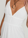 side view of model wearing Princess Polly Mckew Maxi Dress White V-Neck 