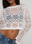 back view of model wearing Princess Polly Aileen Crochet Sweater White Cropped 