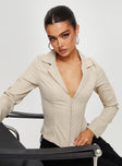 Front view of model wearing  front Princess Polly Full Sleeves Plunger  Carsey Shirt Beige