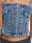 front view of model wearing Princess Polly Yappa Denim Top Mid Wash Sleeveless Square Neck 