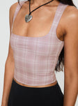 front view of model wearing Princess Polly Back In Time Top Pink Check Sleeveless Square Neck 