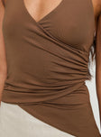 back view of model wearing Princess Polly Marvin Halter Top Brown Sleeveless V-Neck 