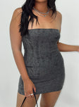 Front view of model wearing  front Princess Polly Square Neck  Henty Strapless Mini Dress Grey